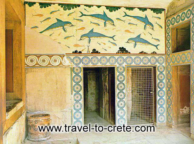 THE DOLPHINS FRESCO - The palace had many storeys, it was built of ashlar blocks and its walls were decorated with<br> splendid frescoes, mostly representing religious ceremonies. 
