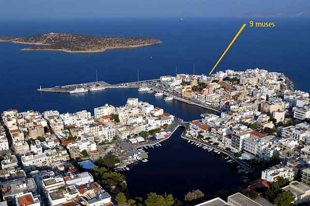 Aerial photo of Agios Nikolaos and the place where is situated the Nine Muses Hotel - Apartments